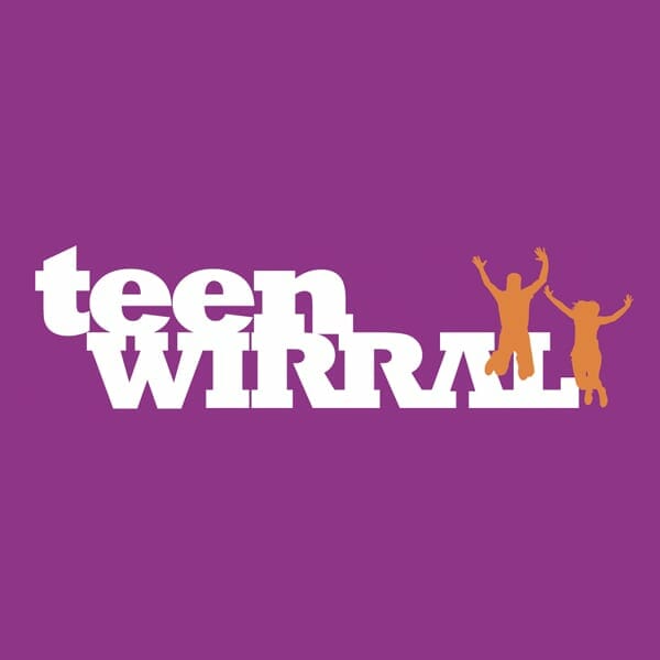 The image features the words teen WIRRAL in white, styled text on a purple background. Two orange silhouettes of jumping people are positioned above the word WIRRAL.