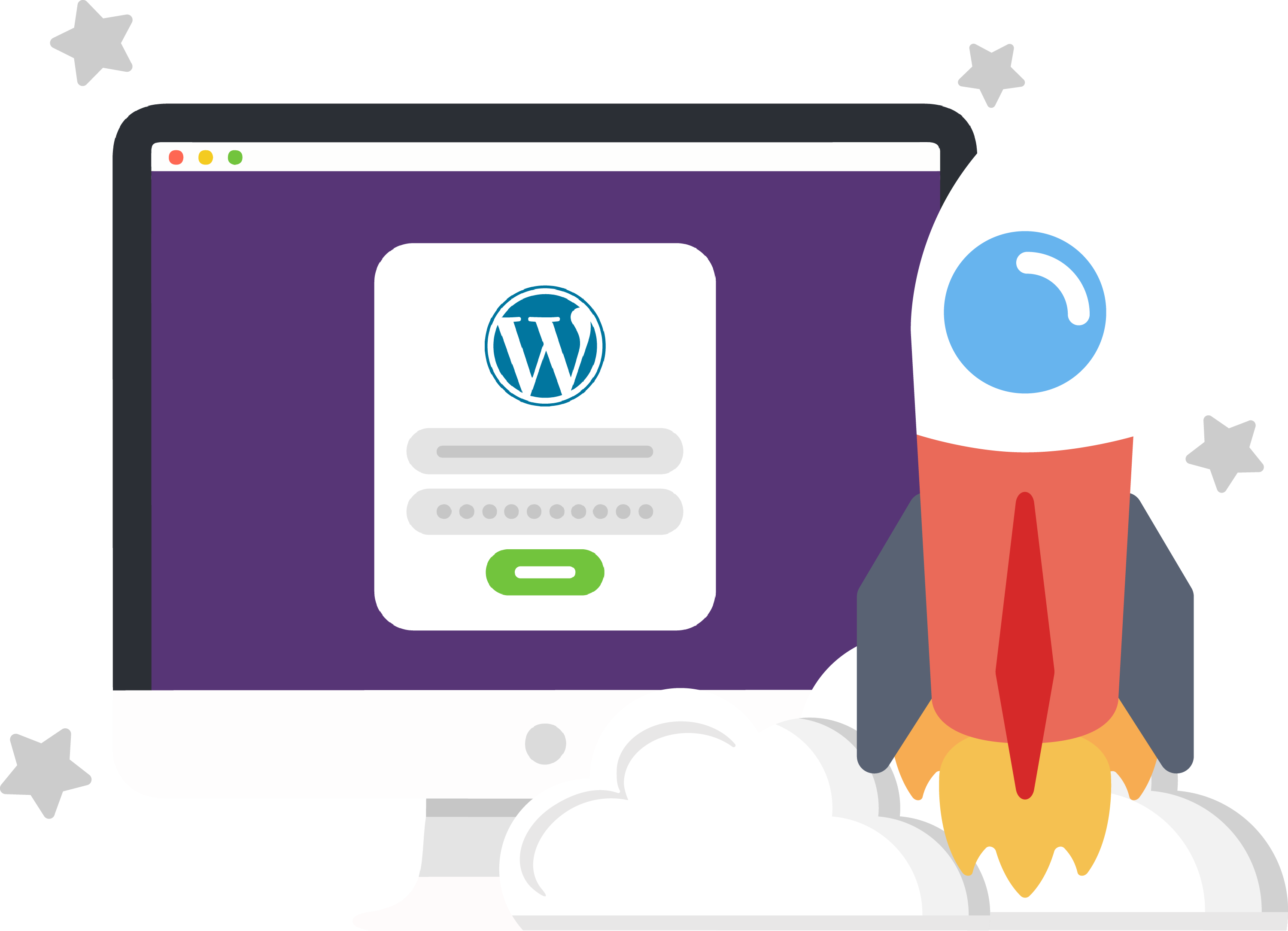 Illustration of a website on a computer screen with a rocket launching beside it
