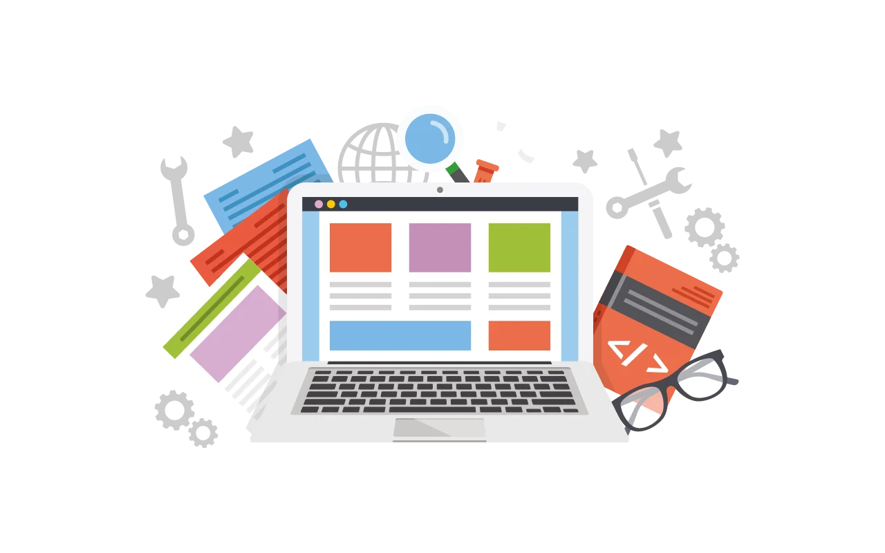 Illustration of a laptop displaying colourful blocks on the screen, surrounded by documents, coding symbols, tools, a magnifying glass, a globe, and spectacles, representing web development and digital work.