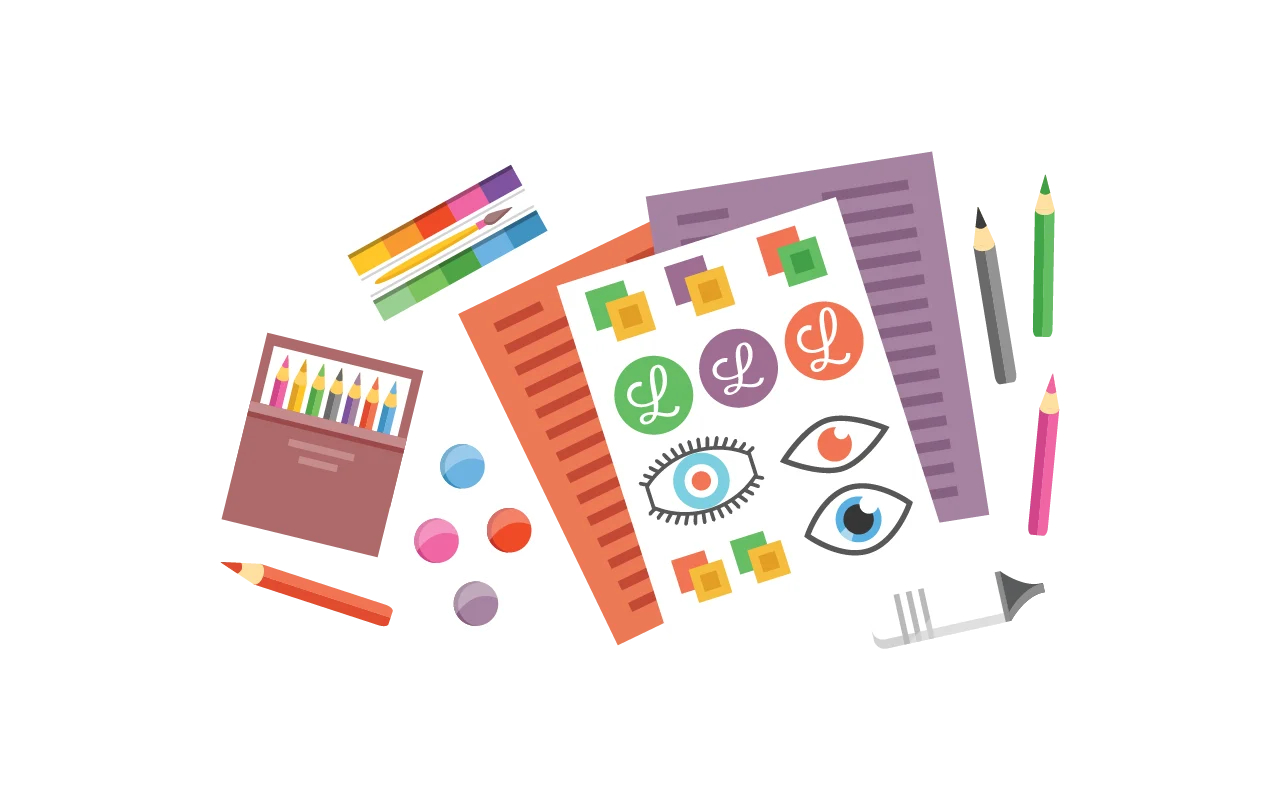 An illustration of art supplies including coloured pencils, markers, watercolours, and paper sheets with drawings of eyes, the letter “L,” and colourful shapes, scattered on a white surface.