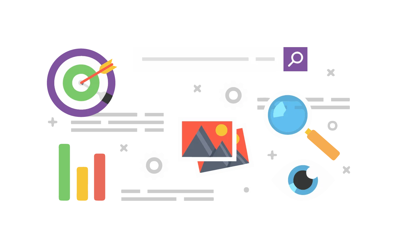A flat design illustration showing a target with arrows, a search bar, graphs, gears, photos, a magnifying glass, and an eye, symbolising digital marketing, analysis, and visual content.