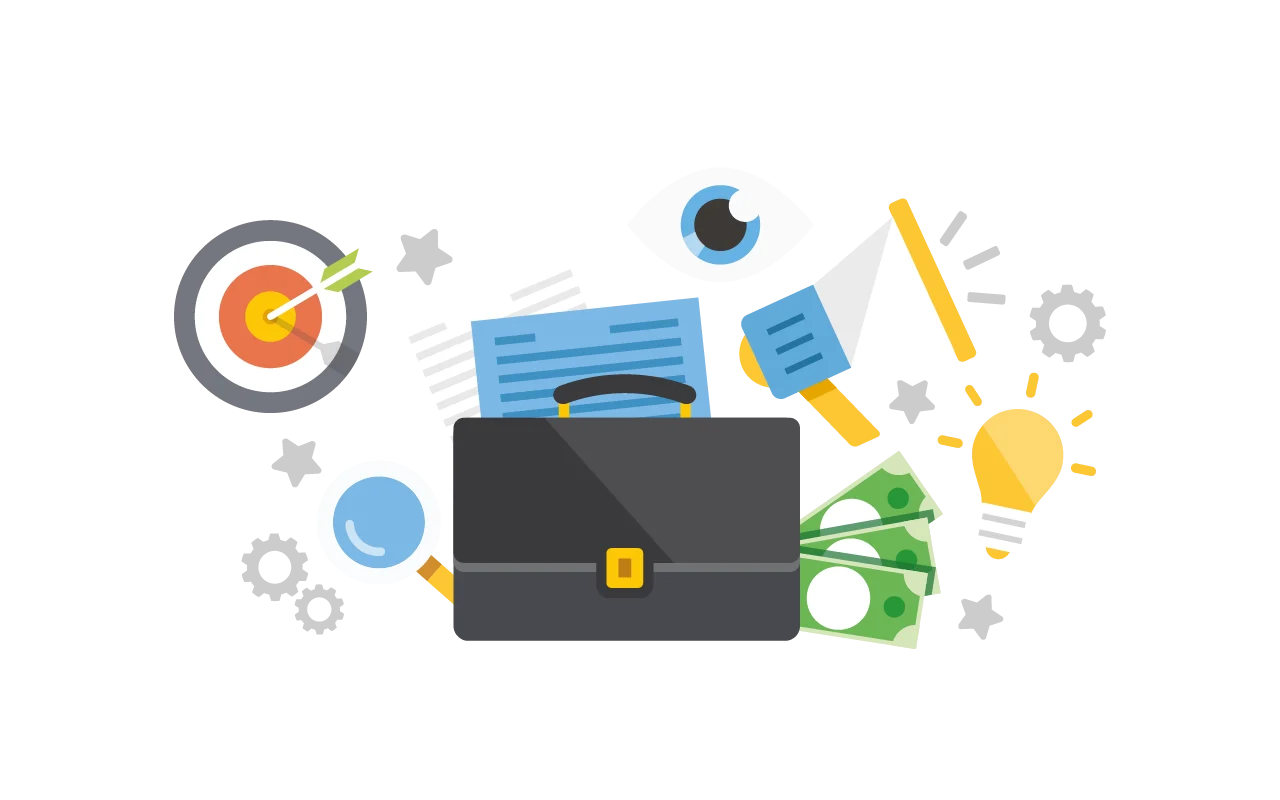 A briefcase surrounded by business-related icons, including a target with an arrow, cash, paperwork, a magnifying glass, gears, a lightbulb, a megaphone, and an eye, symbolising business strategy and success.