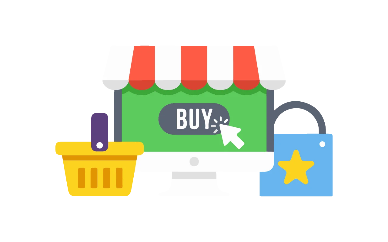 Illustration of a computer monitor with a striped awning, displaying a BUY button, alongside a yellow shopping basket and a blue shopping bag with a star. Represents online shopping.