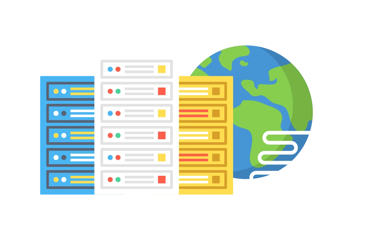 Illustration of colourful server racks in front of a stylised globe, representing global data storage or internet servers. White lines connect the servers to the globe, signifying worldwide connectivity.
